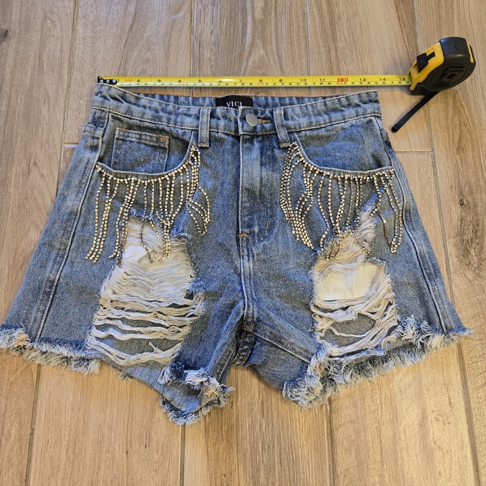 Vici Rhinestone Trim Distressed Shorts, S